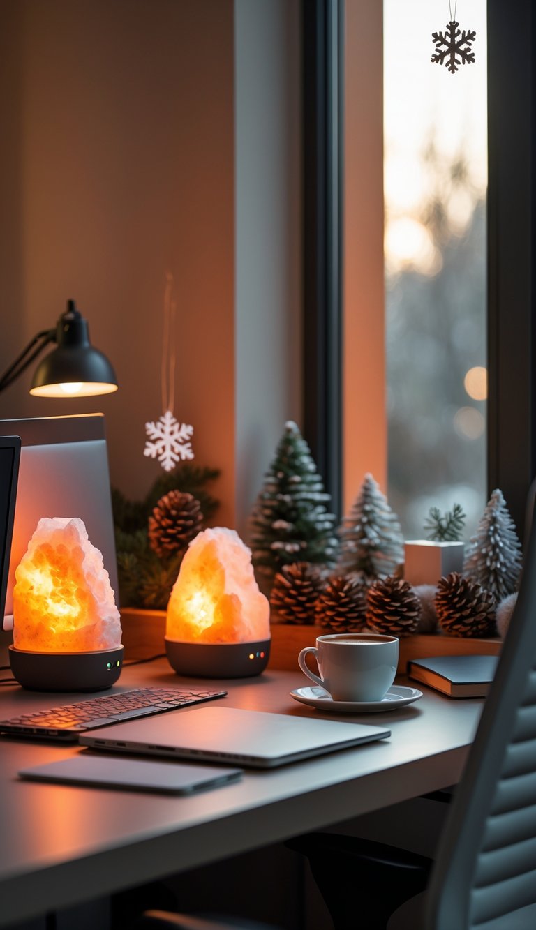 An office desk with glowing LED salt lamps, winter decorations, a laptop, and a coffee cup creating a warm and cozy workspace.