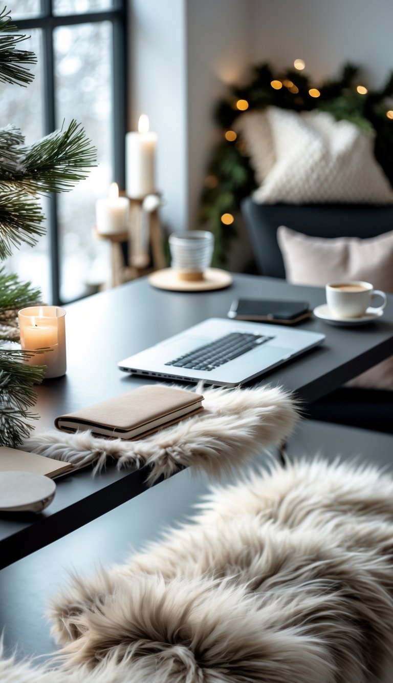 Office desk with faux fur rugs underneath and winter-themed decorations around.