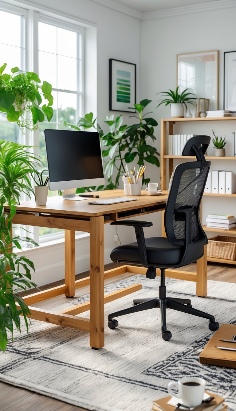 A modern home office with a wooden desk, laptop, office chair, plants, bookshelves, and natural light coming through large windows.