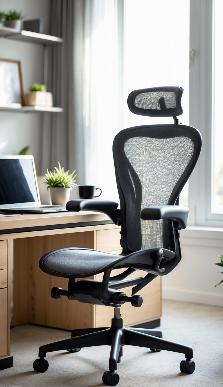 A modern home office with a Herman Miller Aeron Chair at a wooden desk, laptop, notebook, coffee cup, and a small plant by a window.