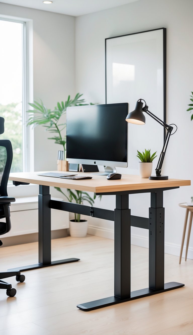 A modern home office with a standing desk, computer monitor, office chair, and natural light from a window.
