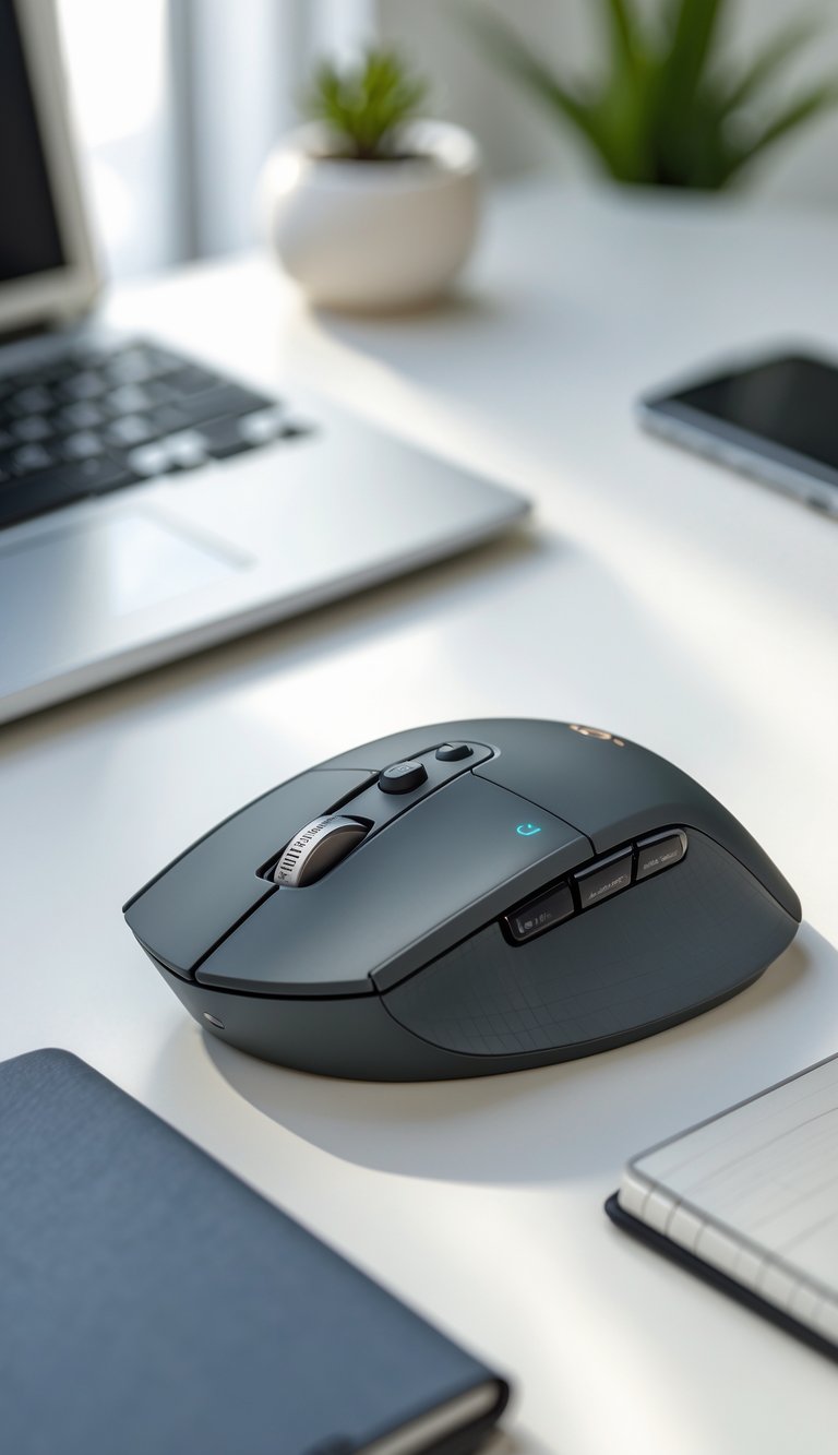 A Logitech MX Master 3 mouse on a modern home office desk with a laptop, keyboard, notebook, and plant nearby.