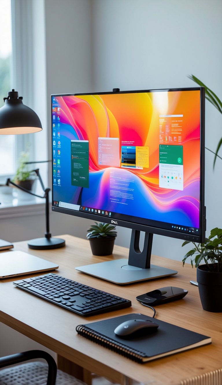 A home office desk with a Dell UltraSharp U2723QE monitor, keyboard, mouse, laptop, desk lamp, plant, and notebook in a bright and tidy workspace.