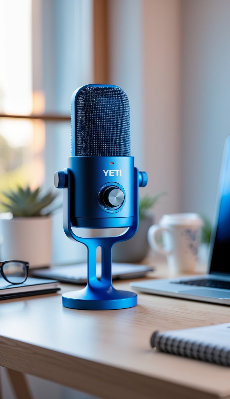 Blue Yeti USB microphone on a home office desk with laptop, notebook, glasses, and coffee cup in the background.