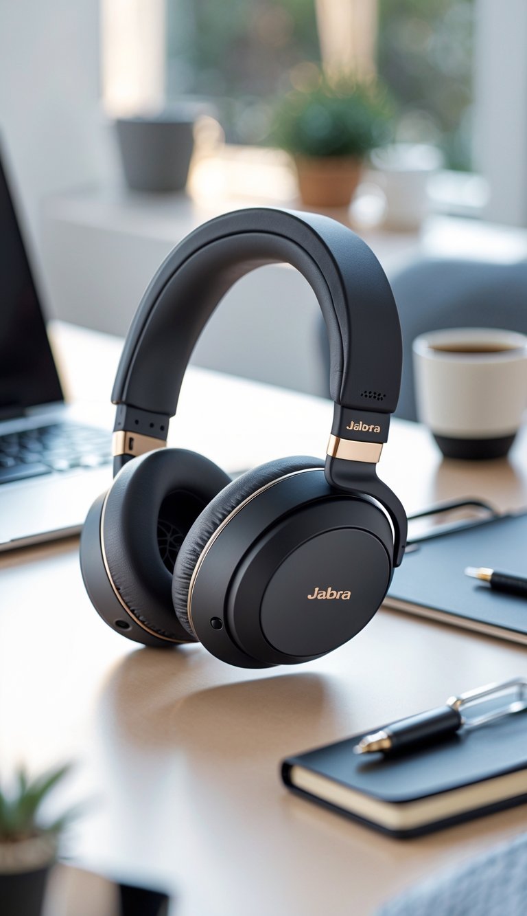 A pair of Jabra Elite 85h headphones resting on a home office desk with a laptop, notebook, coffee mug, and a small plant in the background.