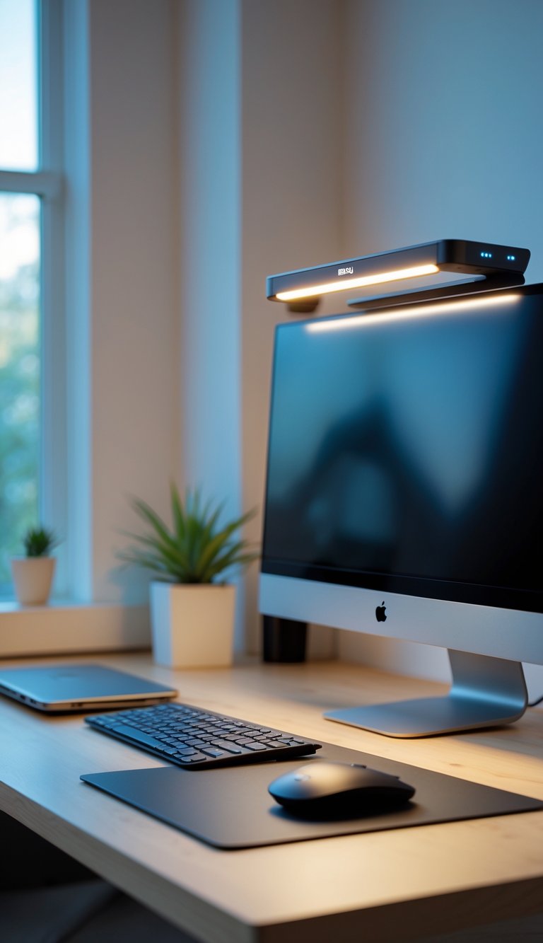 A modern home office desk with a computer monitor illuminated by a BenQ ScreenBar Plus Desk Lamp, surrounded by a keyboard, mouse, laptop, and a small plant.