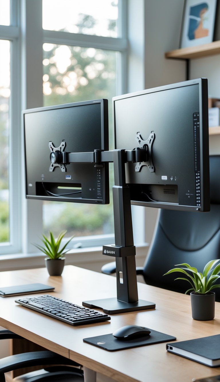 A home office desk with two computer monitors mounted on a dual monitor stand, surrounded by office accessories and natural light.
