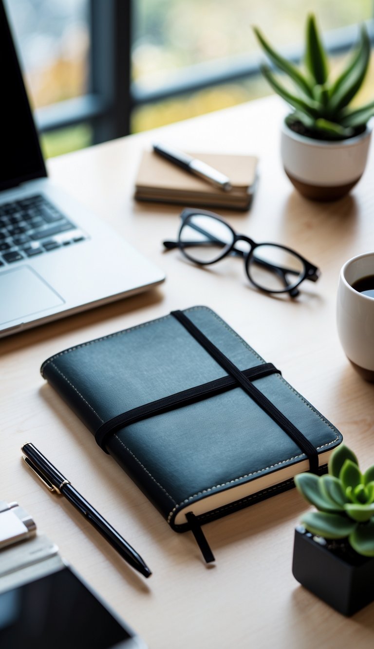 A home office desk with a closed black Moleskine notebook, laptop, pen, coffee mug, small plant, and eyeglasses arranged neatly.