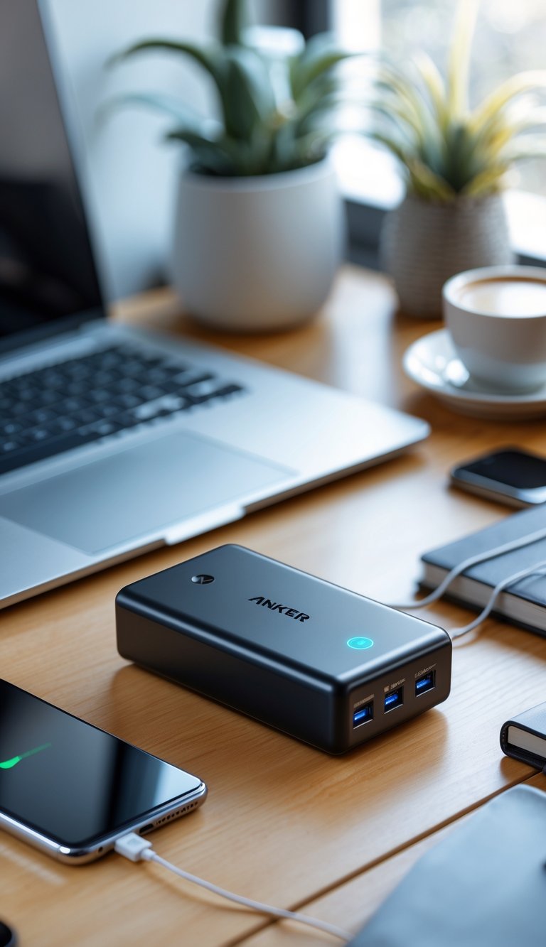 An Anker portable charger on a home office desk surrounded by a laptop, smartphone, notebook, and coffee cup.