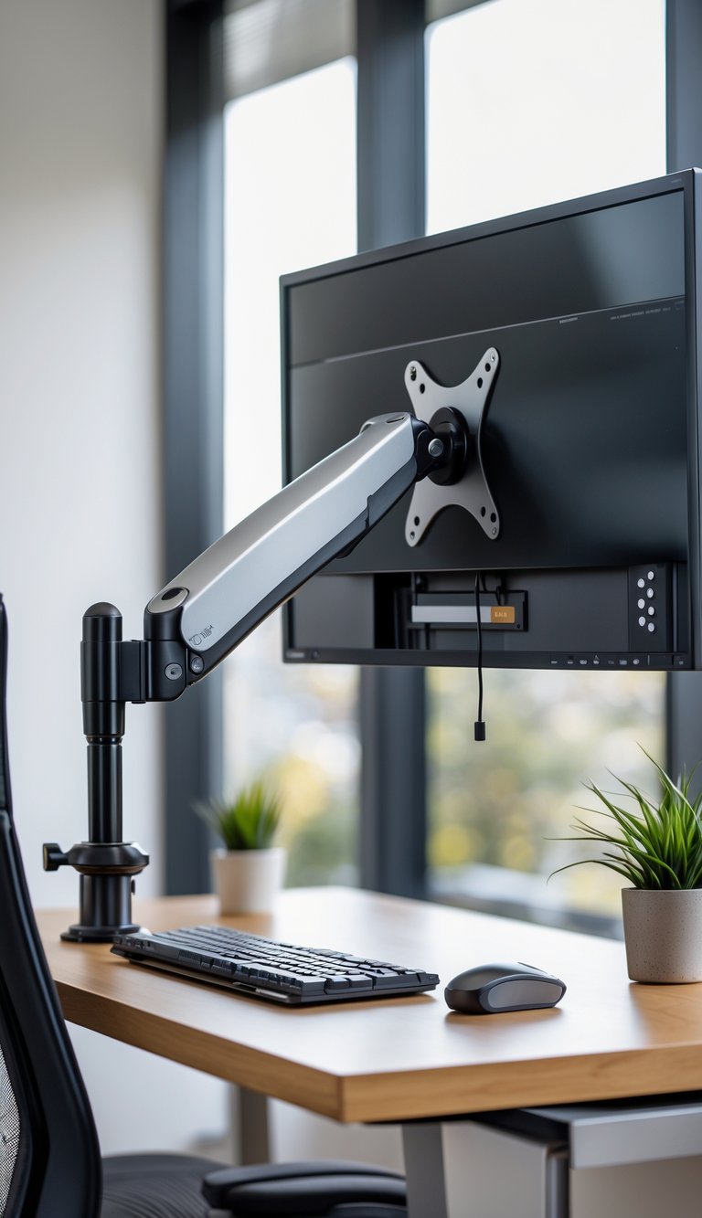 A home office desk with an adjustable monitor arm holding a large screen, keyboard, mouse, and a small plant nearby.