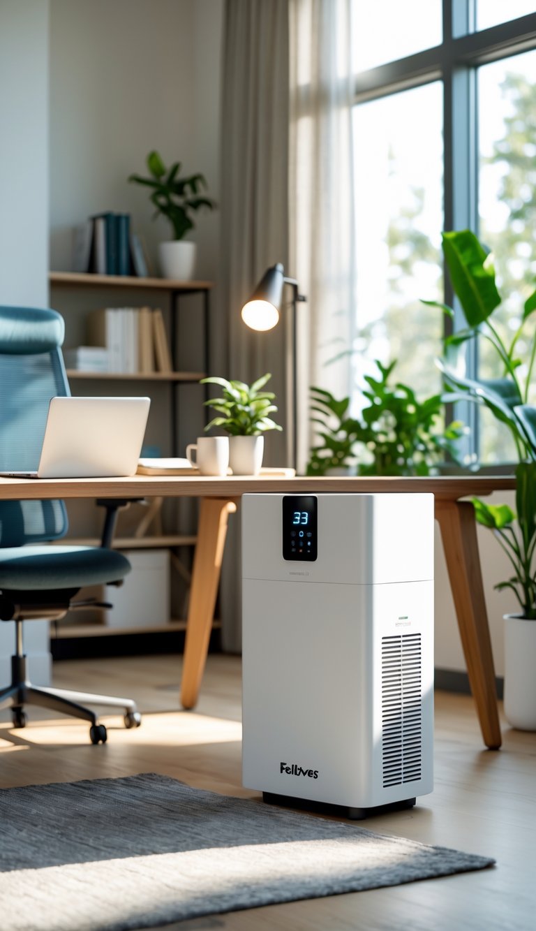 A modern home office with a Fellowes AeraMax Air Purifier 33 on the floor next to a wooden desk with a laptop, plant, and coffee cup, illuminated by natural light from large windows.