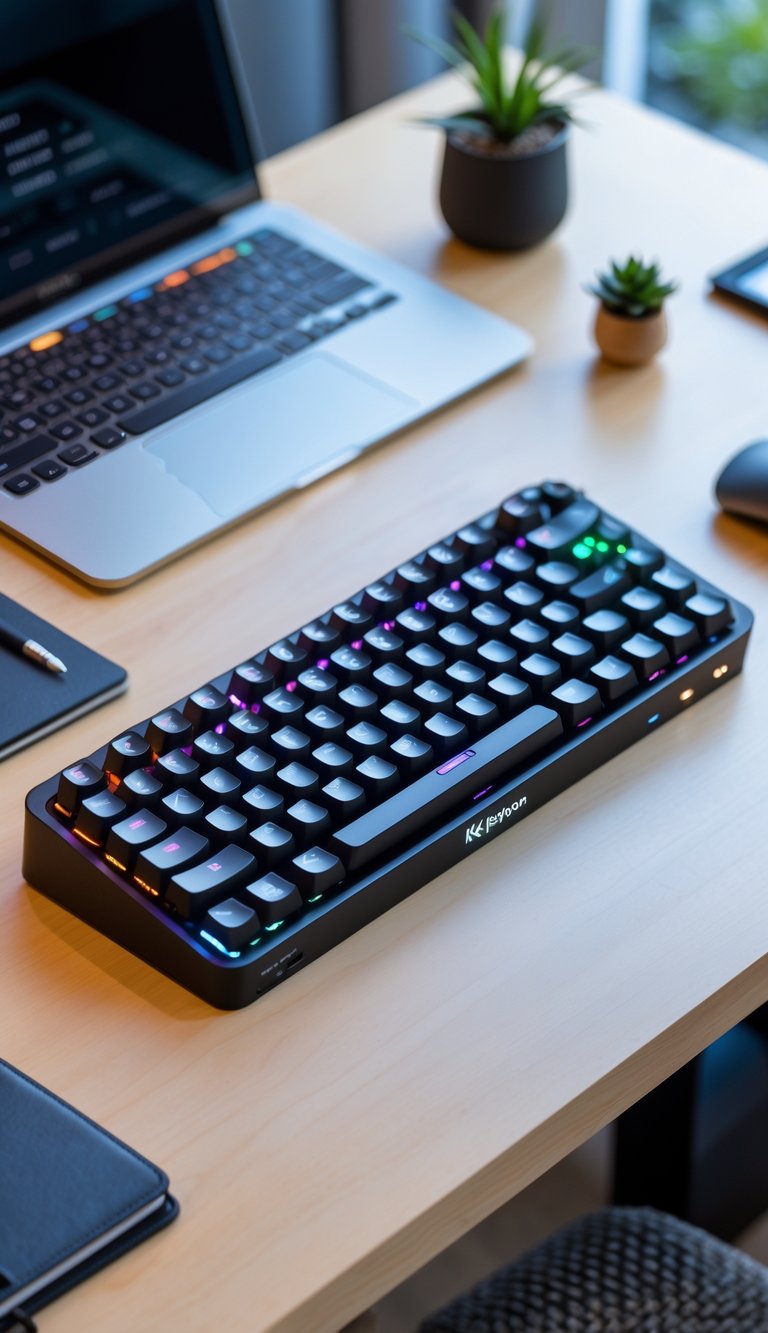 A Keychron K6 wireless mechanical keyboard on a wooden desk in a home office with a laptop, mouse, notebook, and plant nearby.