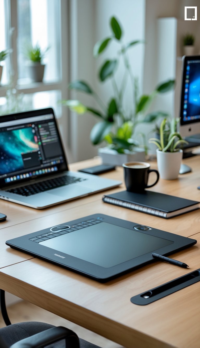 A Wacom Intuos Pro Tablet 33 on a wooden desk in a home office with a stylus, keyboard, mouse, notebook, coffee cup, and plants nearby.