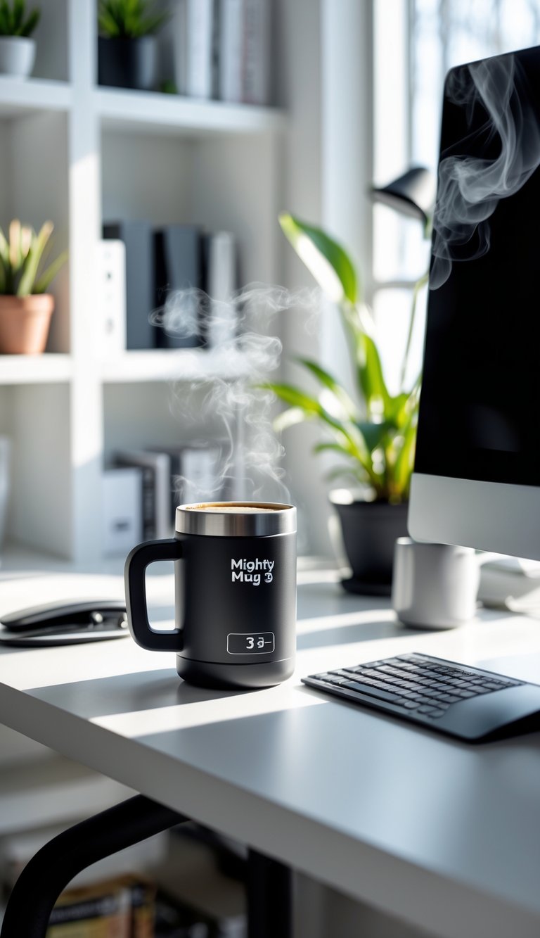 A modern home office desk with a computer and a spill-proof coffee mug filled with coffee, surrounded by shelves with books and plants.