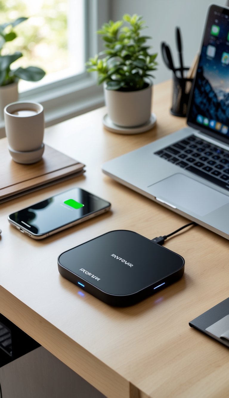 A wireless charging pad on a wooden desk charging a smartphone, surrounded by a laptop, notebook, pen, coffee cup, and a small plant in a bright home office.