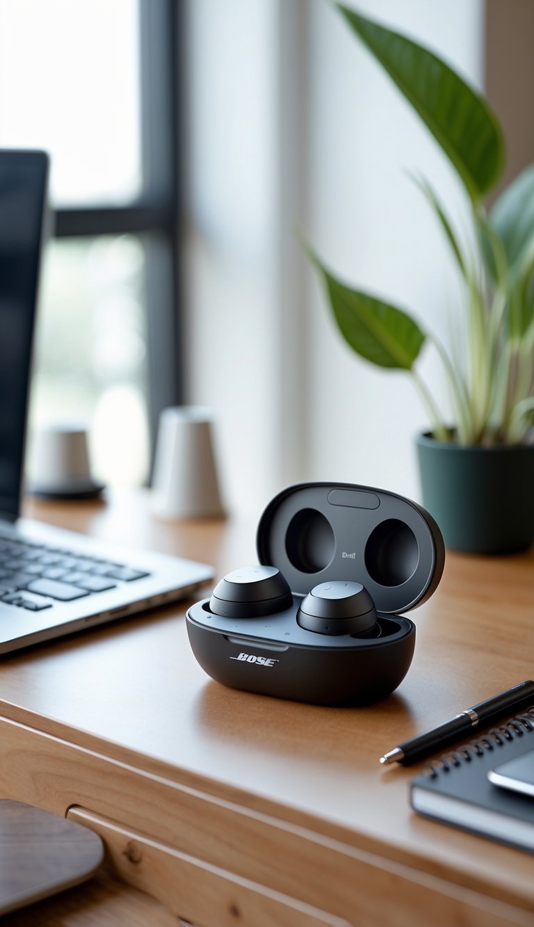 Bose QuietComfort Earbuds 33 in an open charging case on a wooden desk surrounded by a laptop, mouse, notebook, and a small potted plant in a bright home office.