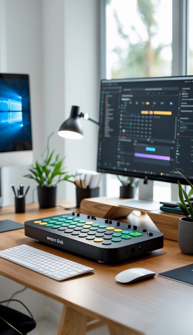 A home office desk with an Elgato Stream Deck featuring 33 buttons, a monitor, keyboard, mouse, desk lamp, and a potted plant in a bright, organized room.