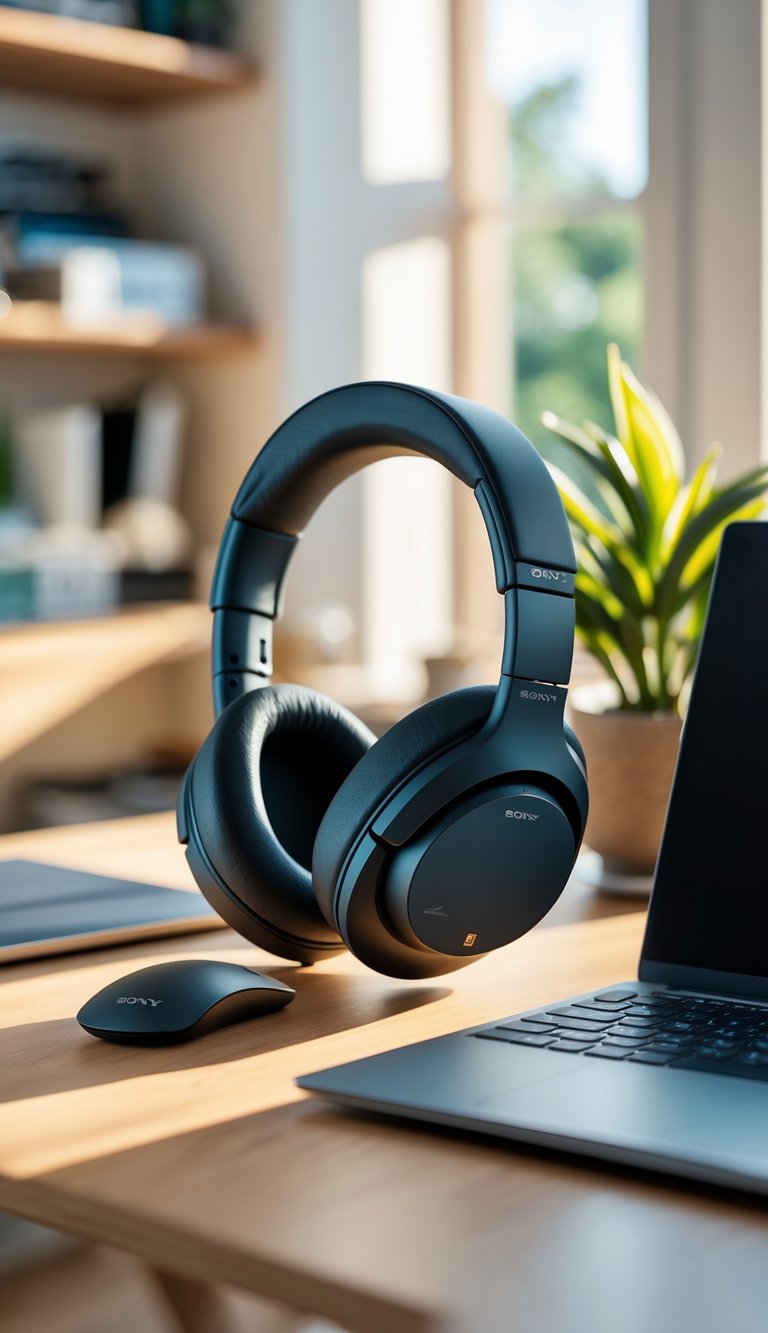 Sony WH-1000XM4 headphones resting on a wooden desk in a home office with a laptop, mouse, and a small plant nearby.