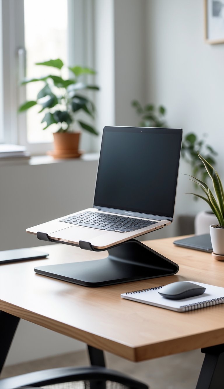 A modern home office desk with a laptop on a curved desk stand, surrounded by office accessories and natural light.