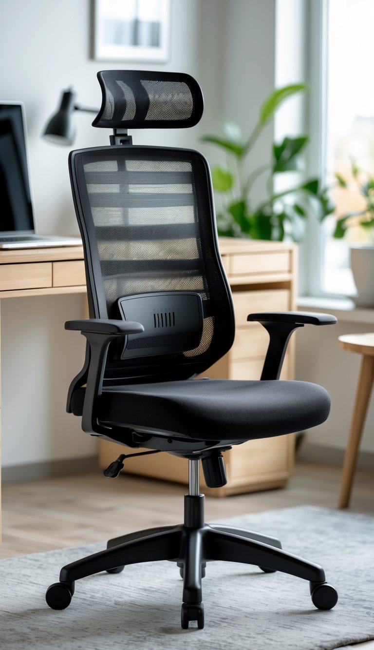 An IKEA Markus office chair in a modern home office with a desk, laptop, and a plant near a window.