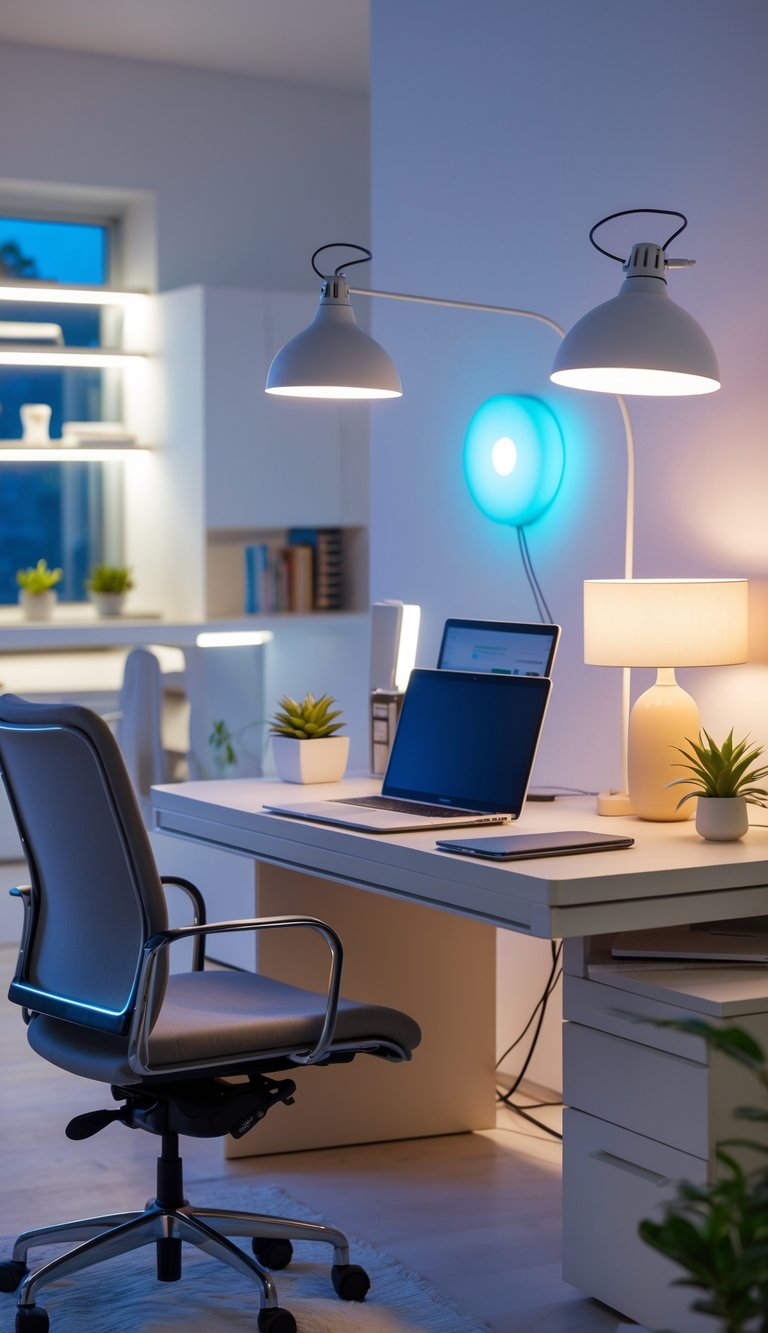 A modern home office with Philips Hue smart light bulbs illuminating a desk with a laptop, chair, and office accessories.