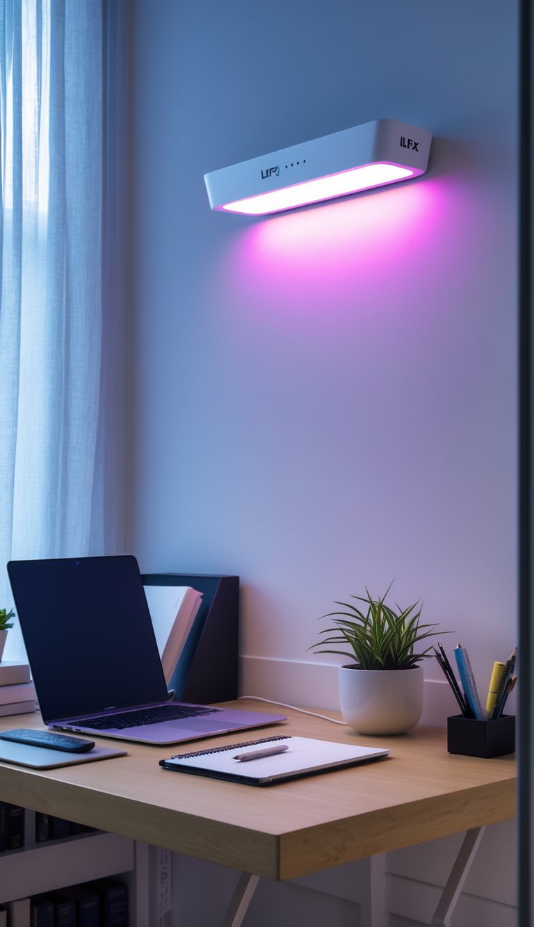 A modern home office with a wooden desk, laptop, notebook, plant, and a colorful smart light mounted on the wall above the desk.