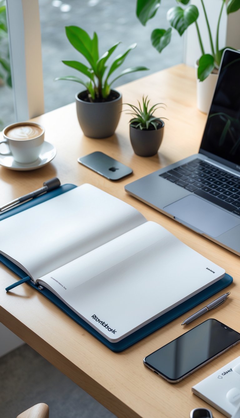 A modern home office desk with an open reusable notebook, laptop, mouse, pen, smartphone, plant, and coffee cup in a bright, organized workspace.