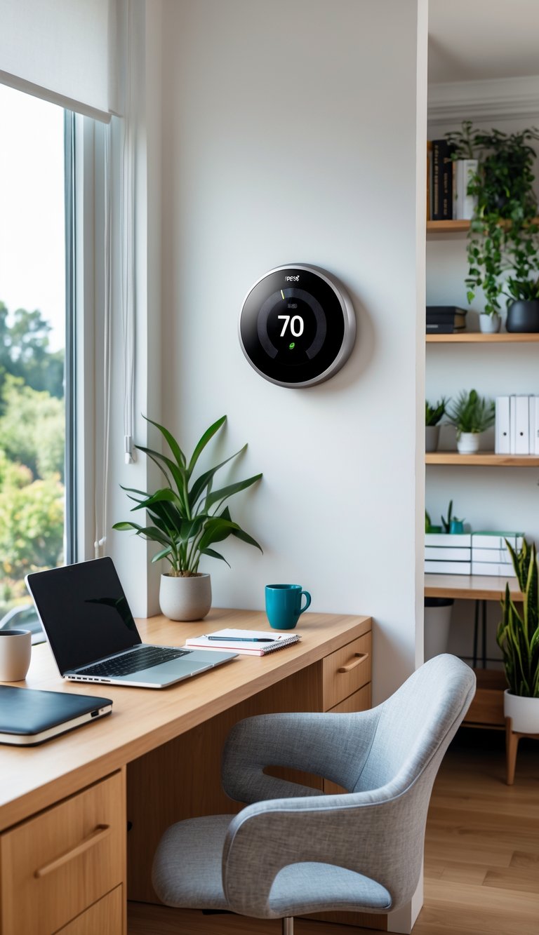 A modern home office with a Nest Thermostat on the wall, a wooden desk with a laptop, notebook, coffee mug, an ergonomic chair, and indoor plants.
