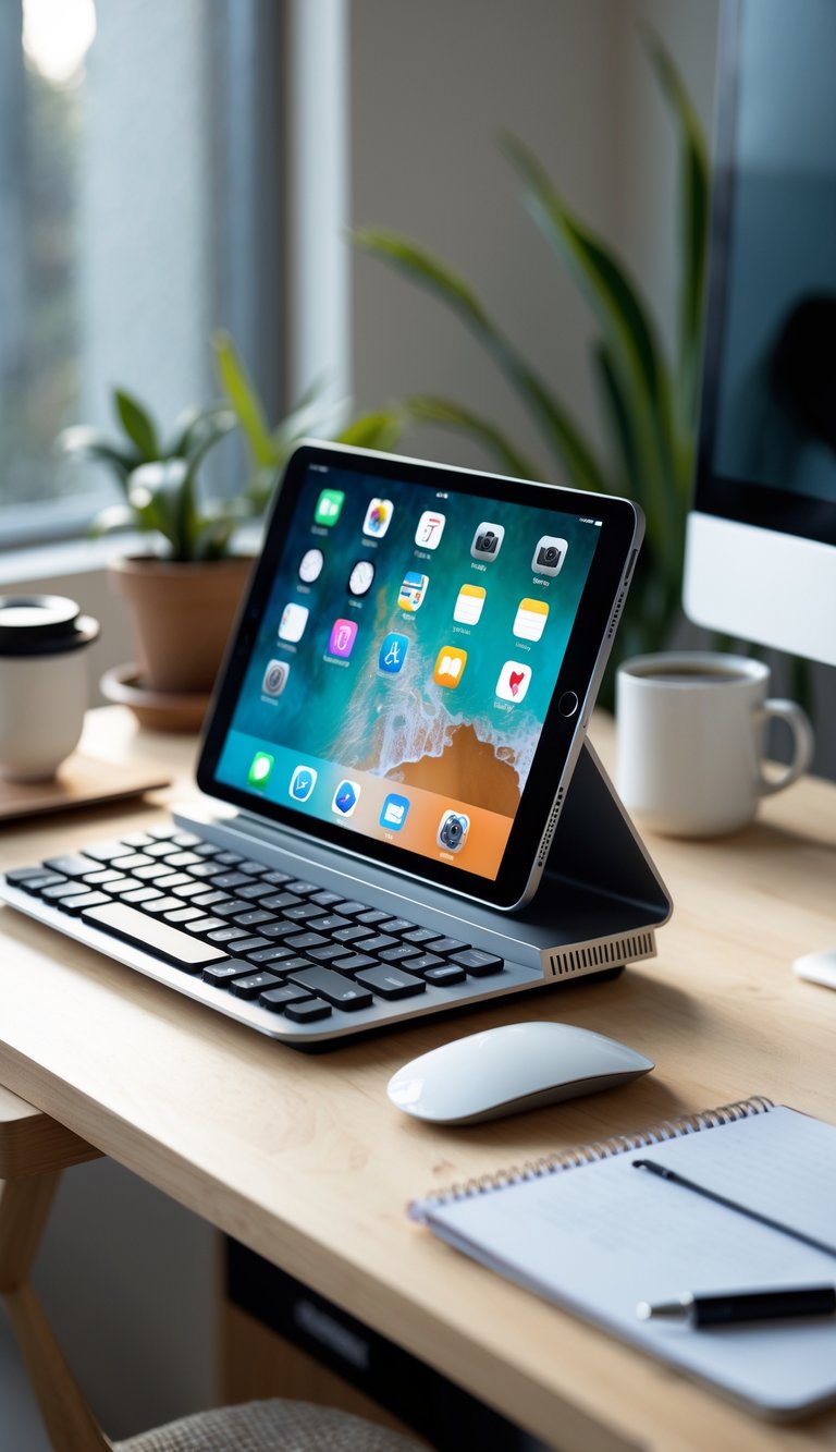 A wireless keyboard connected to an iPad on a wooden desk with a coffee cup, plant, and notebook in a home office setting.