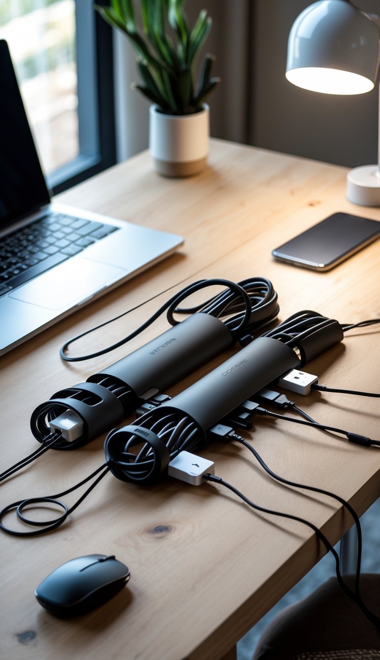 A tidy home office desk with cables organized inside a black cable management sleeve next to a laptop, mouse, and desk lamp.