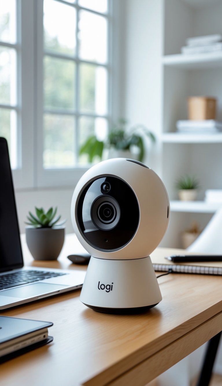 A modern home office desk with a Logi Circle View Smart Security Camera, laptop, notebook, and a small plant in a bright room.