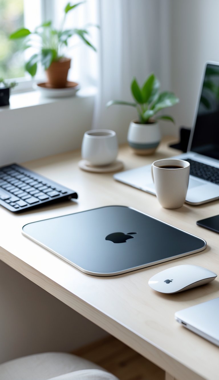 Apple Magic Trackpad 2 on a wooden desk in a tidy home office setup with a keyboard, laptop, coffee cup, and plant.
