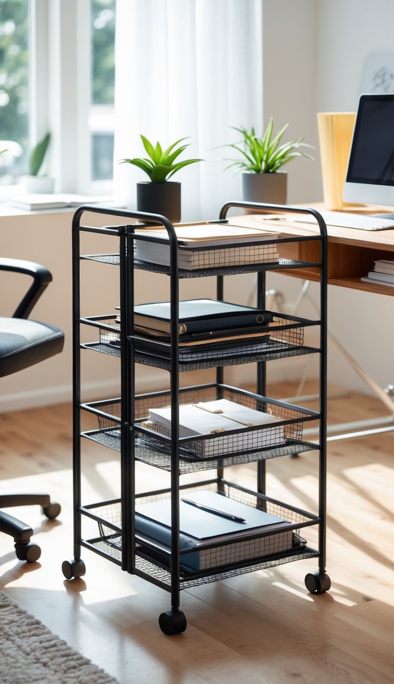 A three-tier black rolling cart filled with office supplies next to a wooden desk in a bright home office.