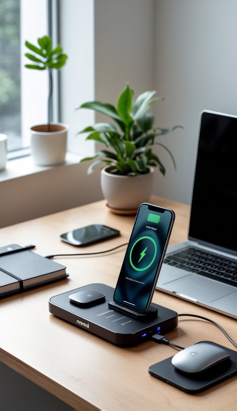 A modern home office desk with a Nomad Base Station Wireless Charger charging multiple devices, including a smartphone and earbuds, surrounded by a laptop, mouse, notebook, and a small plant.