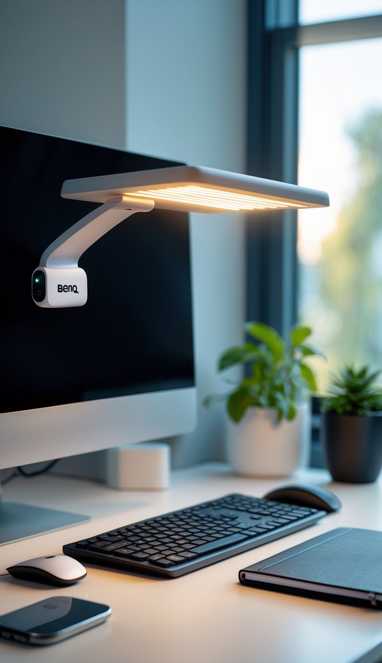 A home office desk with a computer monitor featuring a clip-on light illuminating the keyboard and workspace.