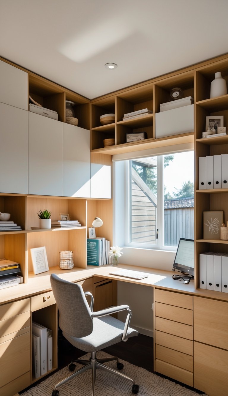 Small home office with built-in shelves, desk, and organized storage in a bright room.