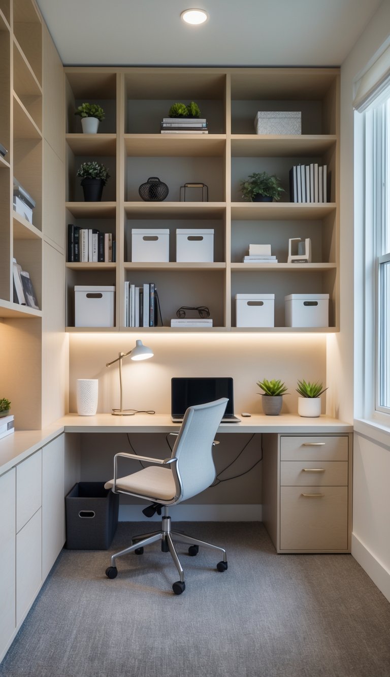 A small home office with custom wall-to-wall shelving and an integrated desk, featuring books, a laptop, a desk lamp, and plants.