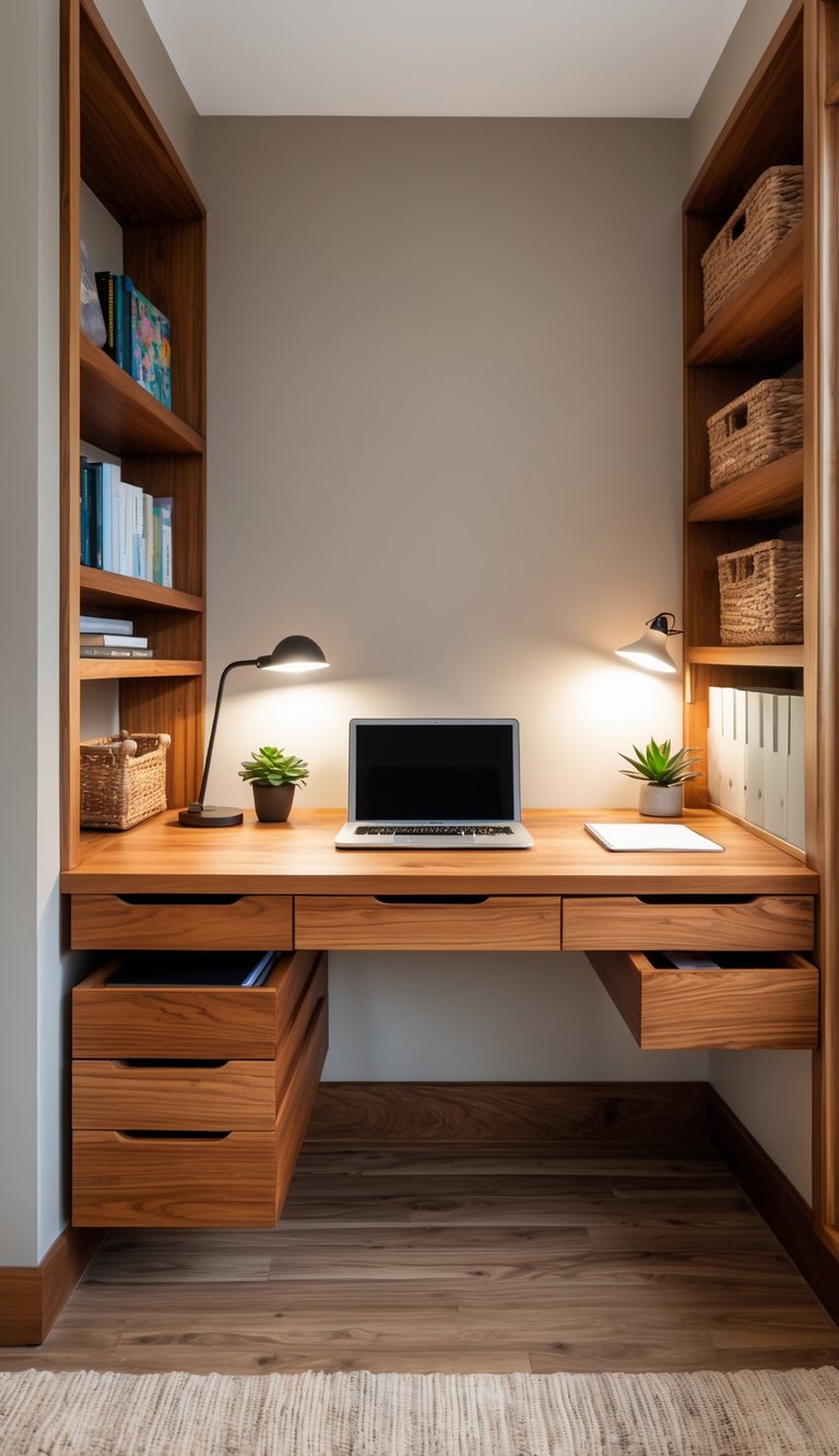 A built-in floating wooden desk with drawers in a small home office, surrounded by shelves with books and decor.