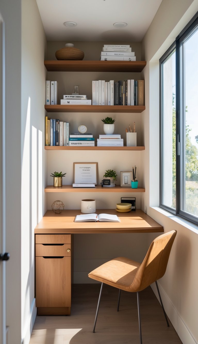 A small home office corner with a built-in desk and open shelves filled with books and office items.
