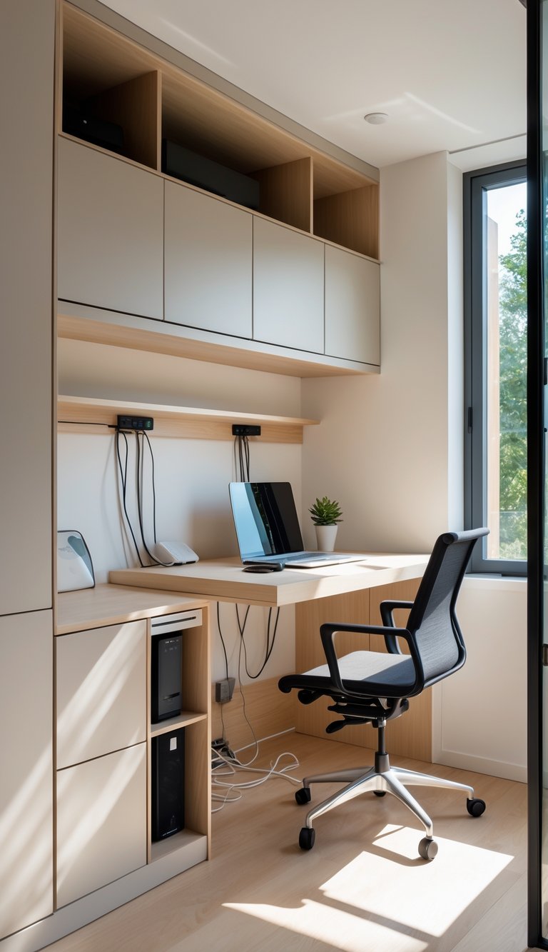A small home office with built-in cabinetry and a desk, featuring hidden cable management and organized workspace.