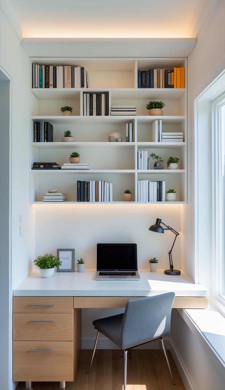 A small home office with wall-mounted bookshelves above a built-in desk, featuring books, plants, and a laptop.