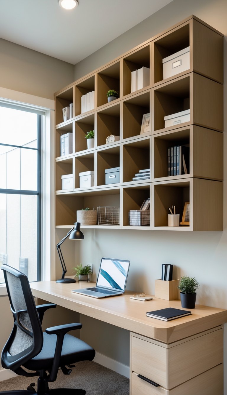 Small home office with a built-in desk and overhead storage cubes, featuring organized shelves and a workspace with a chair and laptop.