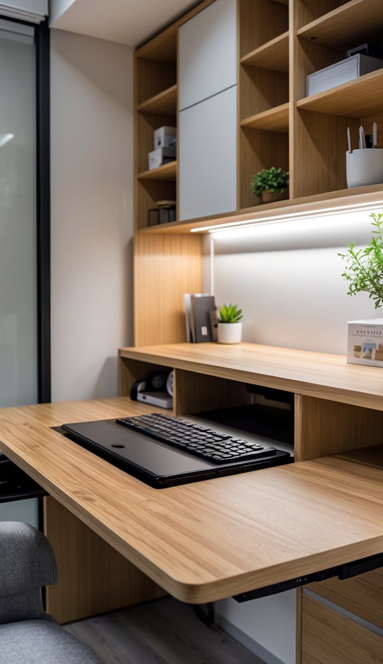 A small home office desk with a pull-out keyboard tray and built-in shelves filled with organized office items.