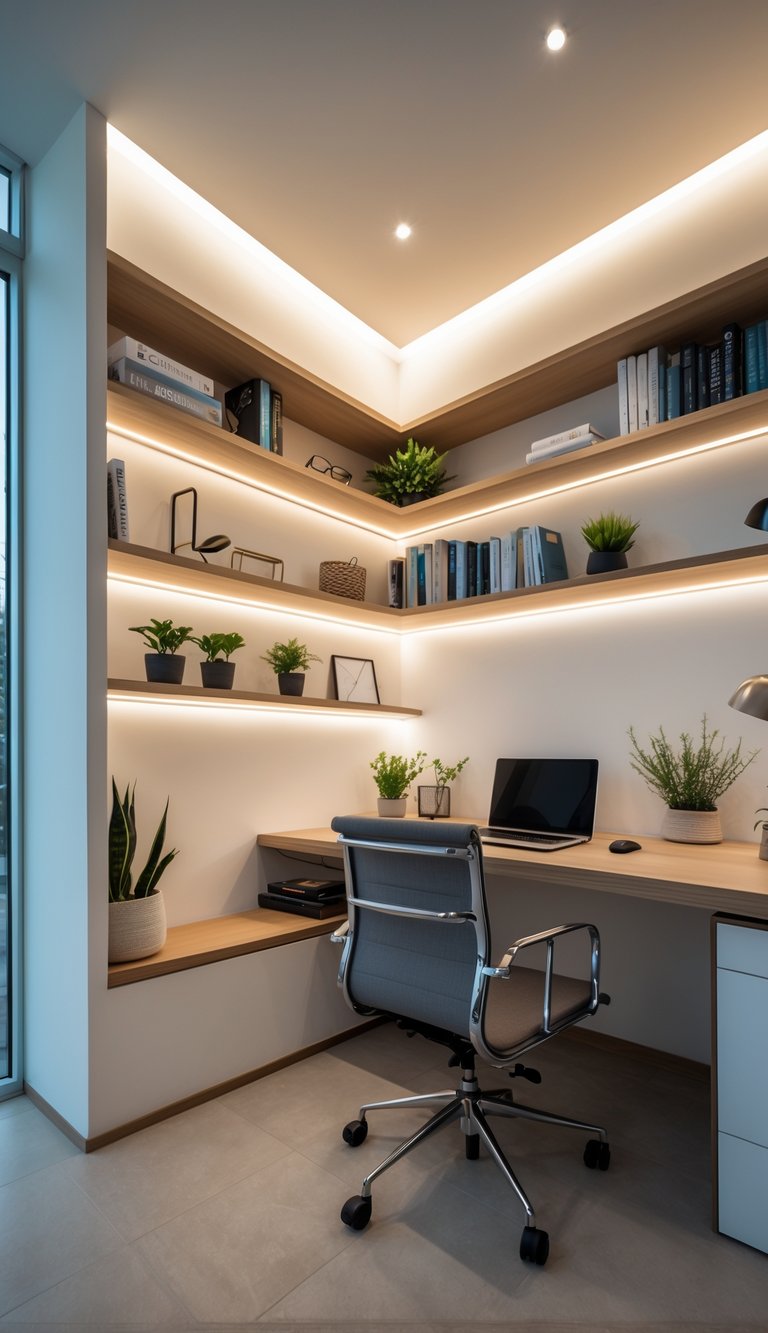 A small home office with recessed built-in shelves illuminated by LED lights, containing books and decorative items, and a desk with a laptop.