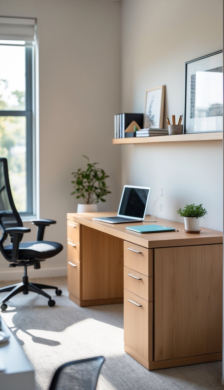 Small home office with built-in filing cabinets under a wooden desk, a laptop, and office supplies in a bright, organized workspace.