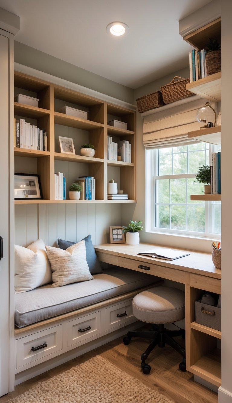 Small home office with bench seating, built-in desk, and shelves filled with books and decor.