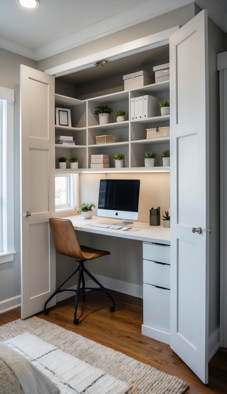 A small home office setup built inside an open bedroom closet with shelves, a desk, computer, and office supplies.