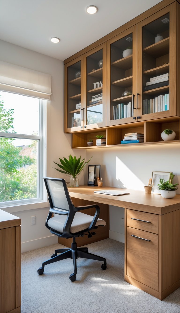 Small home office with built-in desk and glass-front cabinets filled with books and decor.