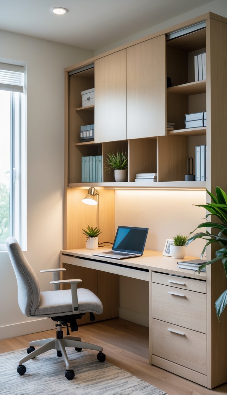 A small home office with a built-in desk and sliding doors, organized shelves, a laptop, and a chair.