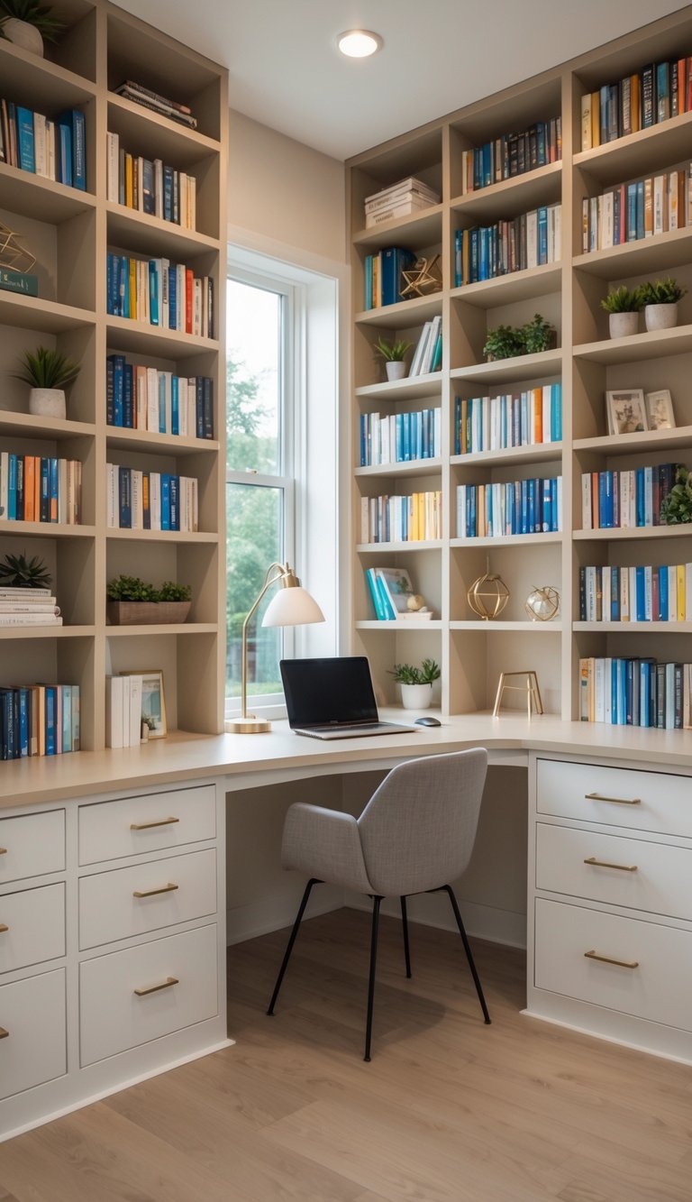 A built-in desk nook surrounded by bookshelves filled with books and decorative items in a small home office.